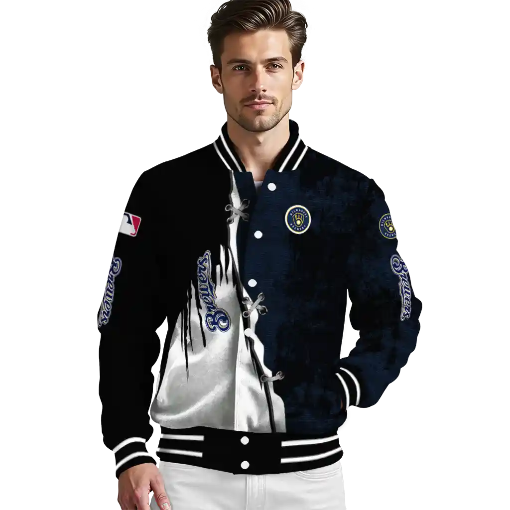milwaukee brewers grunge cut design navy blue black varsity jacket high quality milwaukee brewers grunge cut design navy blue black varsity jacket high quality