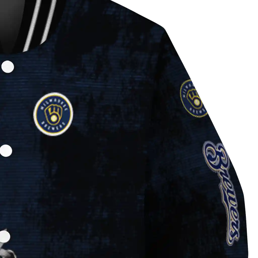 milwaukee brewers grunge cut design navy blue black varsity jacket premium grade milwaukee brewers grunge cut design navy blue black varsity jacket premium grade