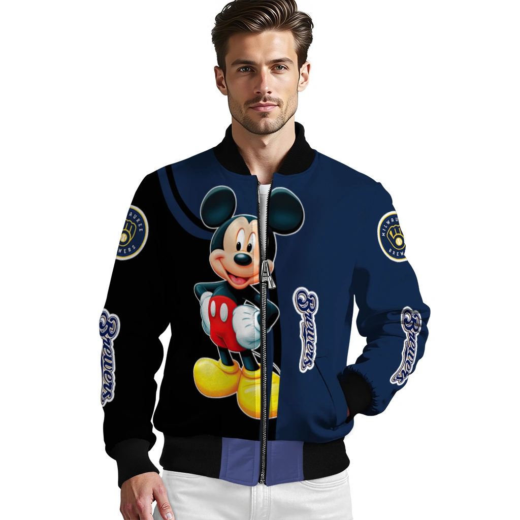 milwaukee brewers mickey mouse navy blue bomber jacket high quality milwaukee brewers mickey mouse navy blue bomber jacket high quality