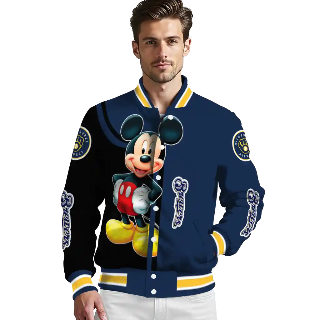 milwaukee brewers mickey mouse navy blue varsity jacket high quality milwaukee brewers mickey mouse navy blue varsity jacket high quality