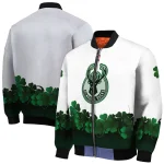 milwaukee bucks clover pattern print white green bomber jacket best selling