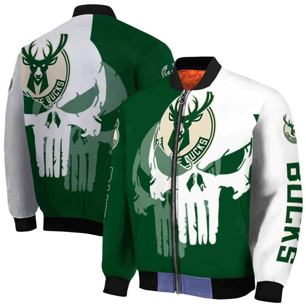 milwaukee bucks skull outline green white bomber jacket best selling milwaukee bucks skull outline green white bomber jacket best selling