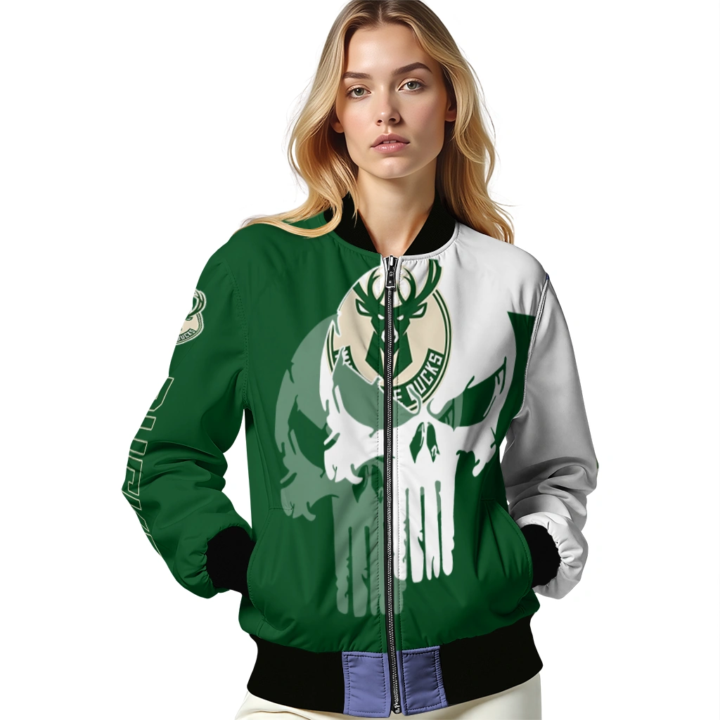 milwaukee bucks skull outline green white bomber jacket latest model milwaukee bucks skull outline green white bomber jacket latest model