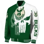 milwaukee bucks skull outline green white varsity jacket best selling