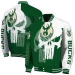 milwaukee bucks skull outline green white varsity jacket best selling