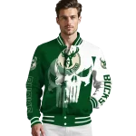 milwaukee bucks skull outline green white varsity jacket best selling