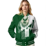 milwaukee bucks skull outline green white varsity jacket best selling