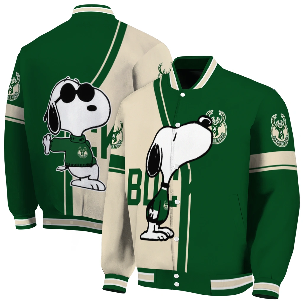 milwaukee bucks snoopy attitude green varsity jacket fashion forward milwaukee bucks snoopy attitude green varsity jacket fashion forward