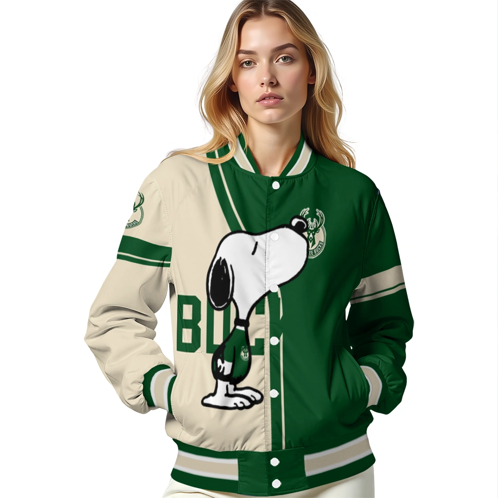 milwaukee bucks snoopy attitude green varsity jacket latest model milwaukee bucks snoopy attitude green varsity jacket latest model