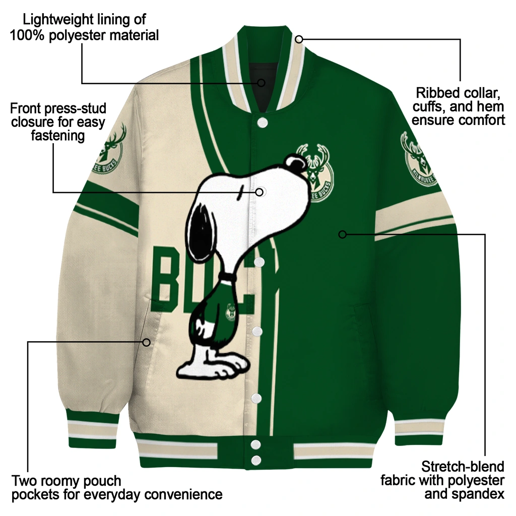 milwaukee bucks snoopy attitude green varsity jacket new arrival milwaukee bucks snoopy attitude green varsity jacket new arrival
