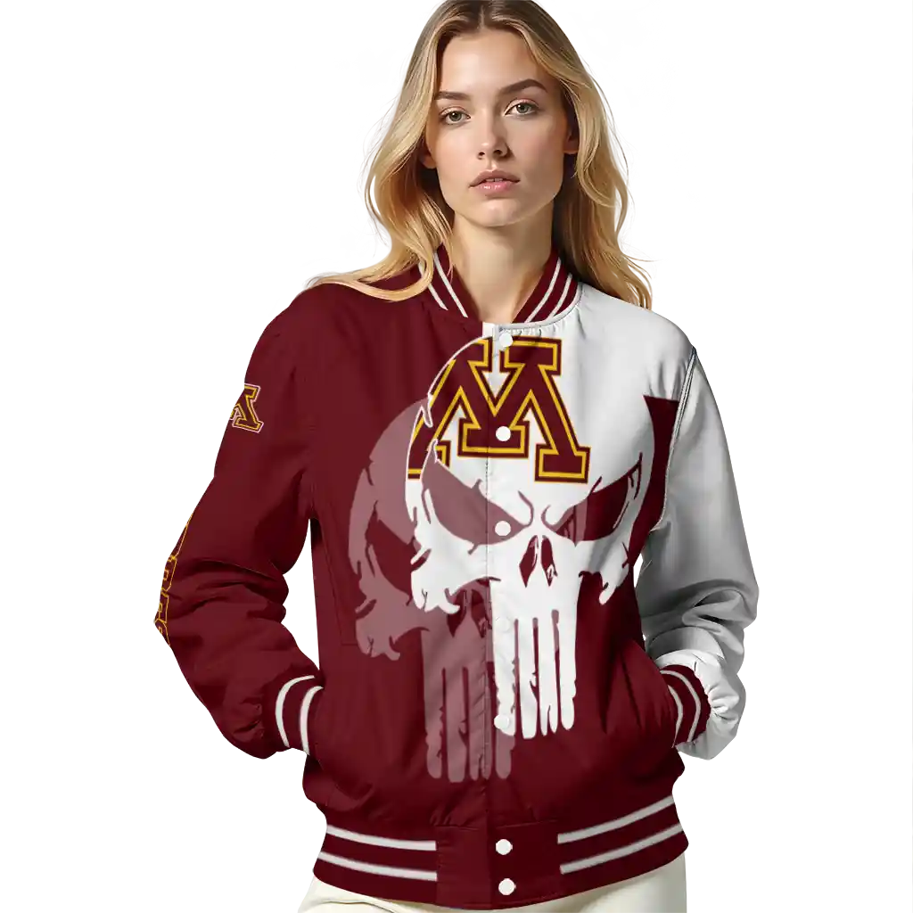 minnesota golden gophers skull outline maroon white varsity jacket latest model minnesota golden gophers skull outline maroon white varsity jacket latest model