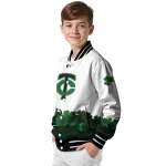 minnesota twins four leaf icon white green varsity jacket best selling