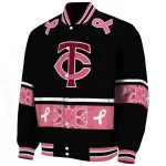 minnesota twins pink ribbon black pink varsity jacket best selling