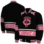 minnesota twins pink ribbon black pink varsity jacket best selling