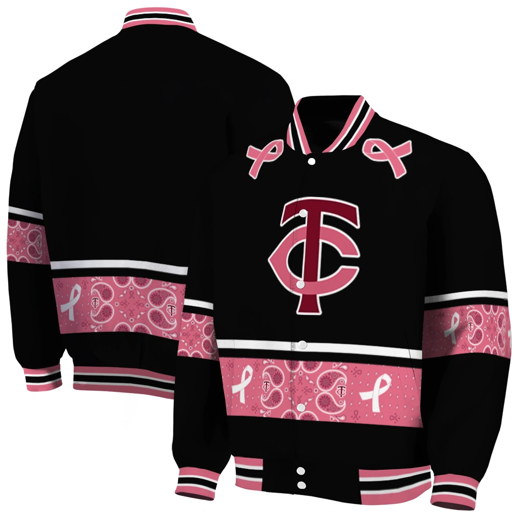 minnesota twins pink ribbon black pink varsity jacket fashion forward minnesota twins pink ribbon black pink varsity jacket fashion forward