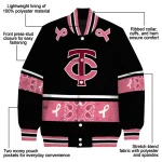 minnesota twins pink ribbon black pink varsity jacket best selling