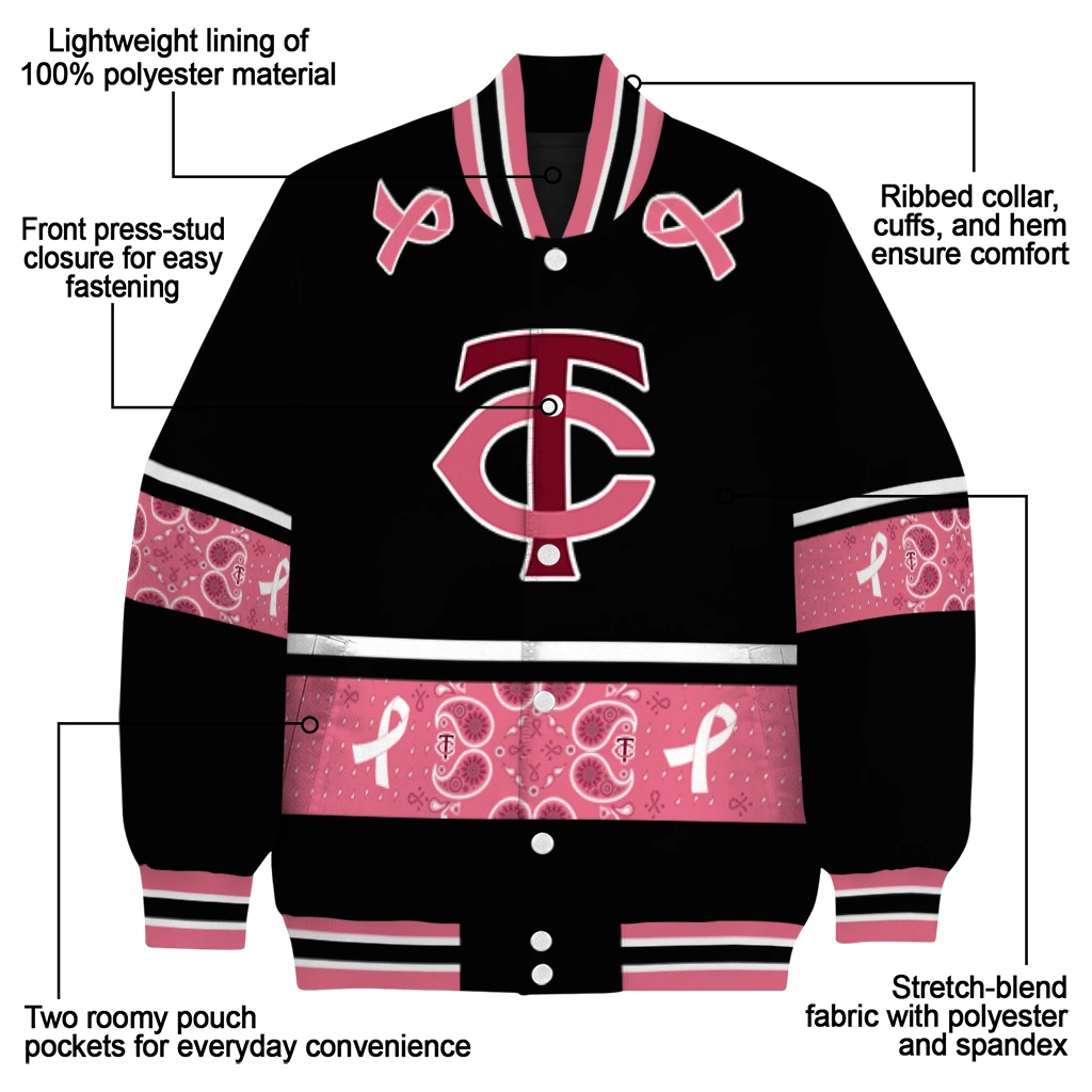 minnesota twins pink ribbon black pink varsity jacket new arrival minnesota twins pink ribbon black pink varsity jacket new arrival