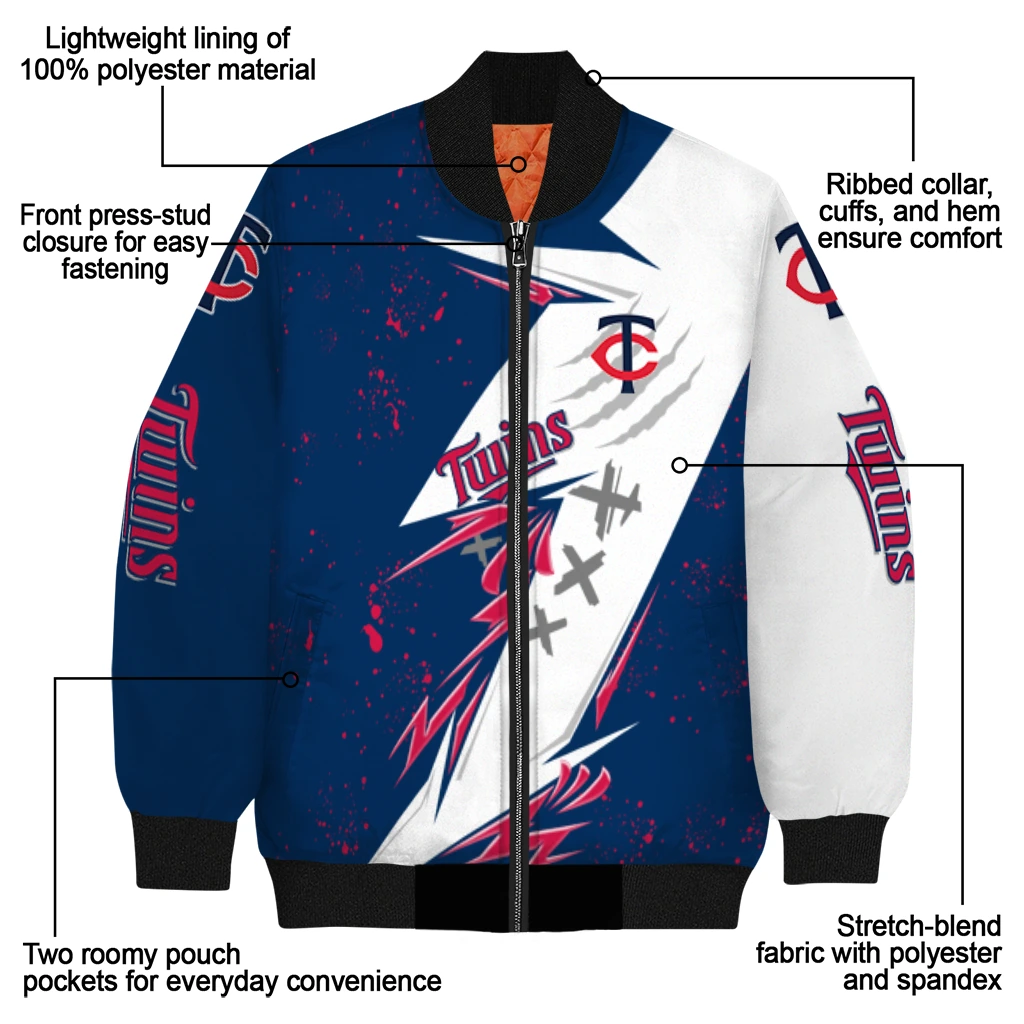 minnesota twins ripped bolt navy white bomber jacket new arrival minnesota twins ripped bolt navy white bomber jacket new arrival