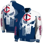 minnesota twins skull outline navy white varsity jacket best selling