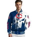minnesota twins skull outline navy white varsity jacket best selling