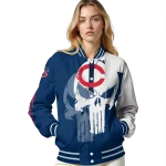 minnesota twins skull outline navy white varsity jacket best selling