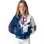 minnesota twins skull outline navy white varsity jacket best selling