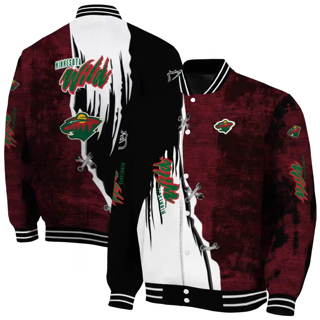 minnesota wild distressed slash red black varsity jacket fashion forward minnesota wild distressed slash red black varsity jacket fashion forward