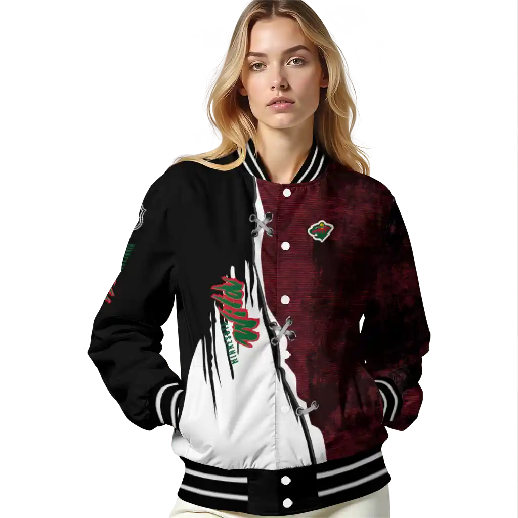minnesota wild distressed slash red black varsity jacket latest model minnesota wild distressed slash red black varsity jacket latest model