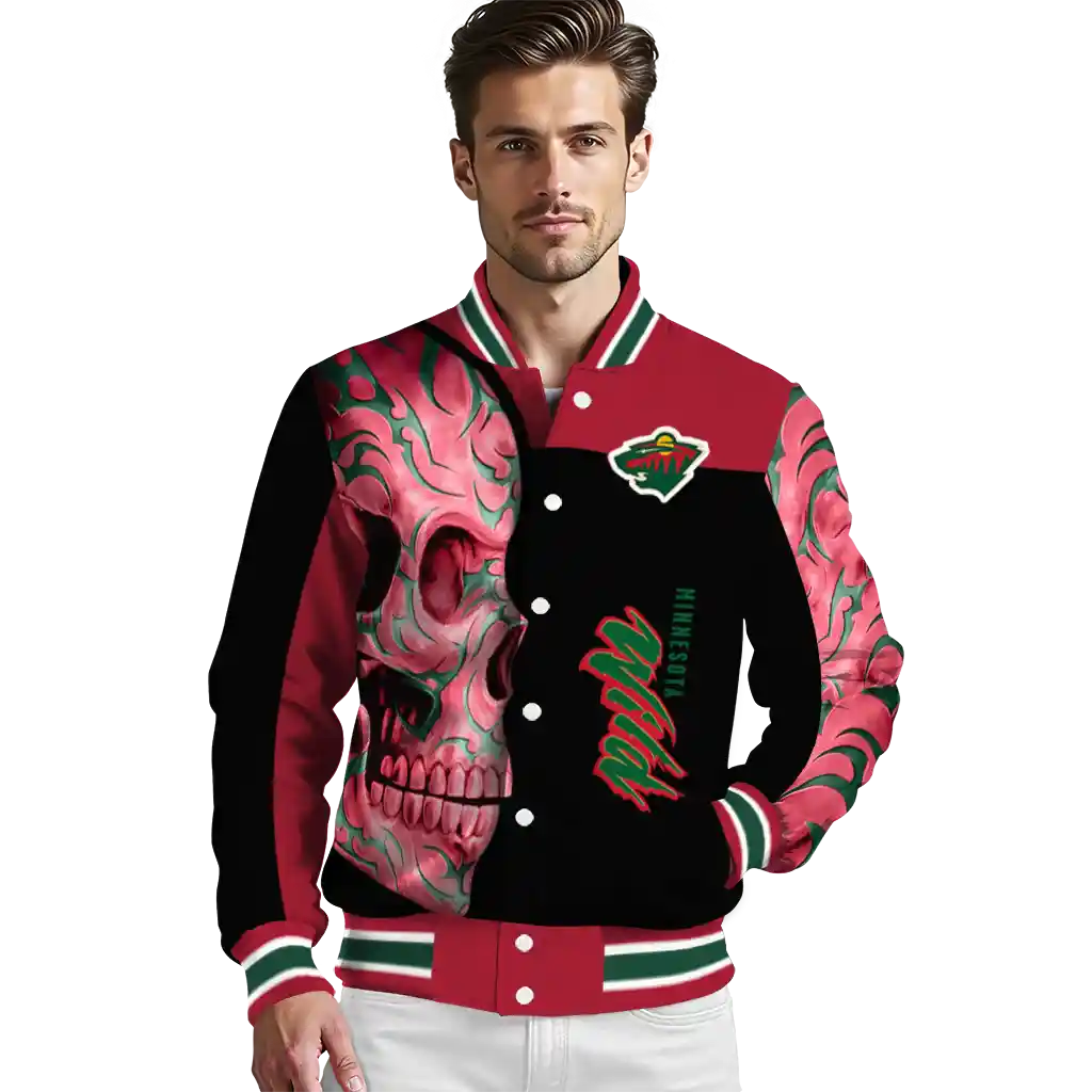 minnesota wild fire skull red black varsity jacket high quality minnesota wild fire skull red black varsity jacket high quality