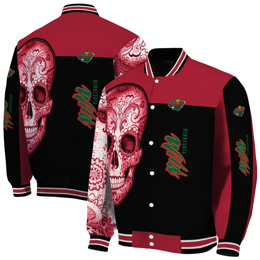 minnesota wild intricate skull red black varsity jacket fashion forward minnesota wild intricate skull red black varsity jacket fashion forward