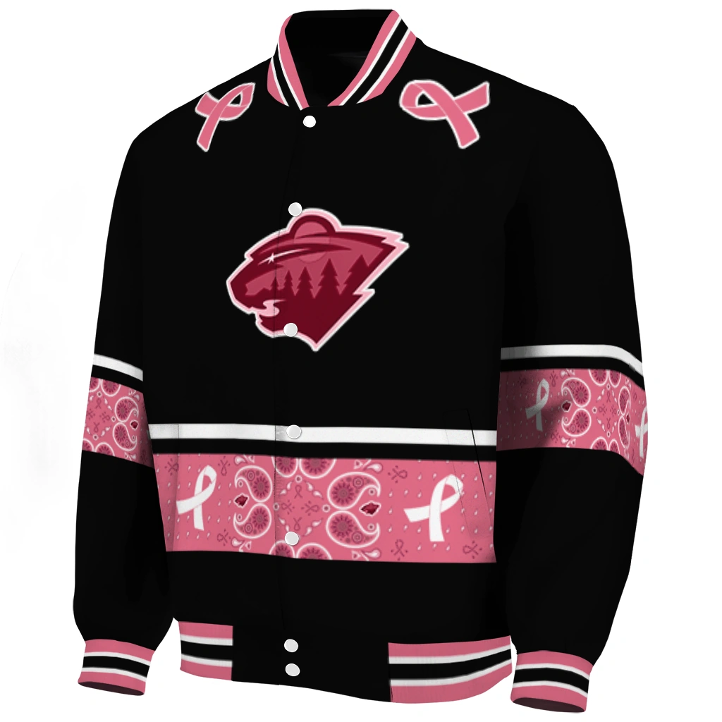 minnesota wild pink ribbon black pink varsity jacket best selling minnesota wild pink ribbon black pink varsity jacket best selling