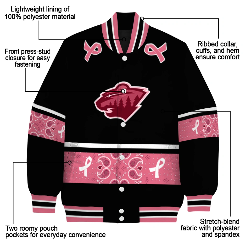 minnesota wild pink ribbon black pink varsity jacket new arrival minnesota wild pink ribbon black pink varsity jacket new arrival