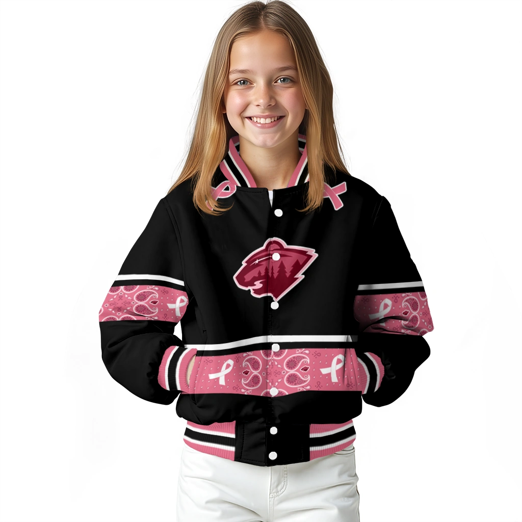 minnesota wild pink ribbon black pink varsity jacket top rated minnesota wild pink ribbon black pink varsity jacket top rated