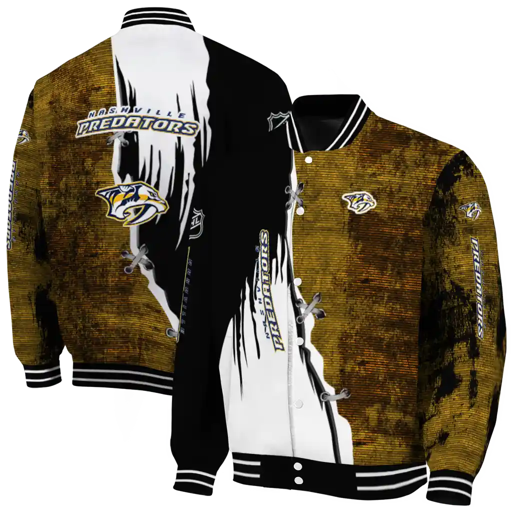 nashville predators distressed slash gold black varsity jacket fashion forward nashville predators distressed slash gold black varsity jacket fashion forward