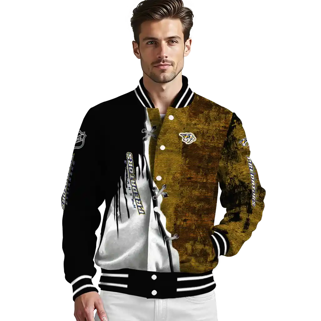 nashville predators distressed slash gold black varsity jacket high quality nashville predators distressed slash gold black varsity jacket high quality