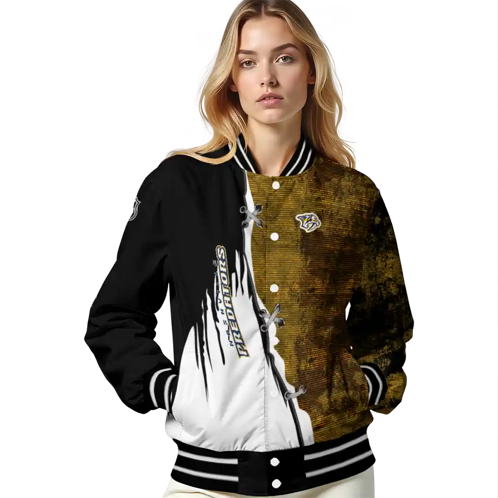 nashville predators distressed slash gold black varsity jacket latest model nashville predators distressed slash gold black varsity jacket latest model