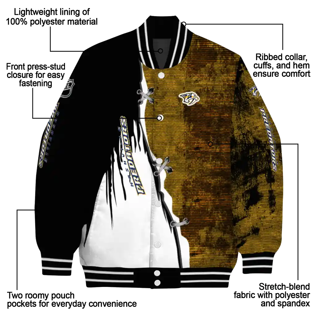 nashville predators distressed slash gold black varsity jacket new arrival nashville predators distressed slash gold black varsity jacket new arrival