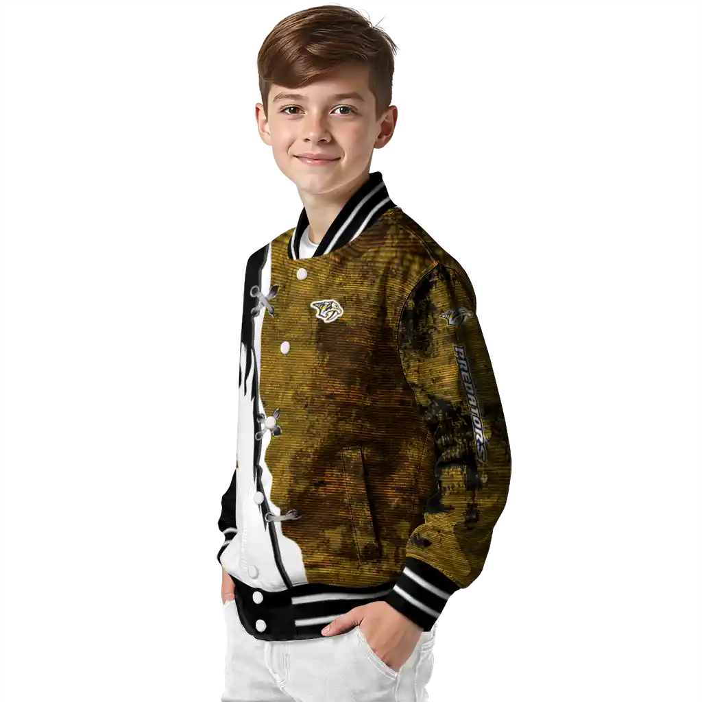 nashville predators distressed slash gold black varsity jacket trendy nashville predators distressed slash gold black varsity jacket trendy