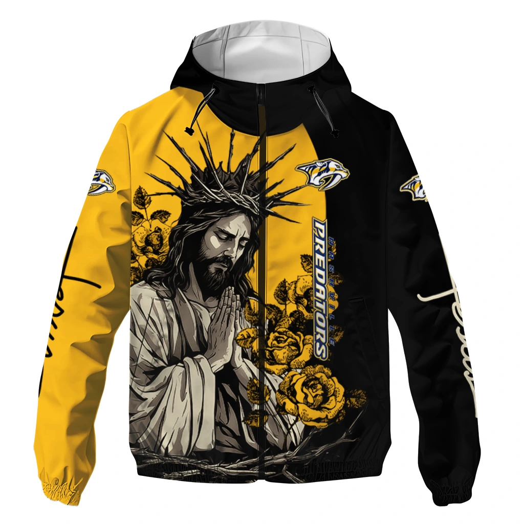 nashville predators jesus roses gold black windbreaker jacket best selling nashville predators jesus roses gold black windbreaker jacket best selling