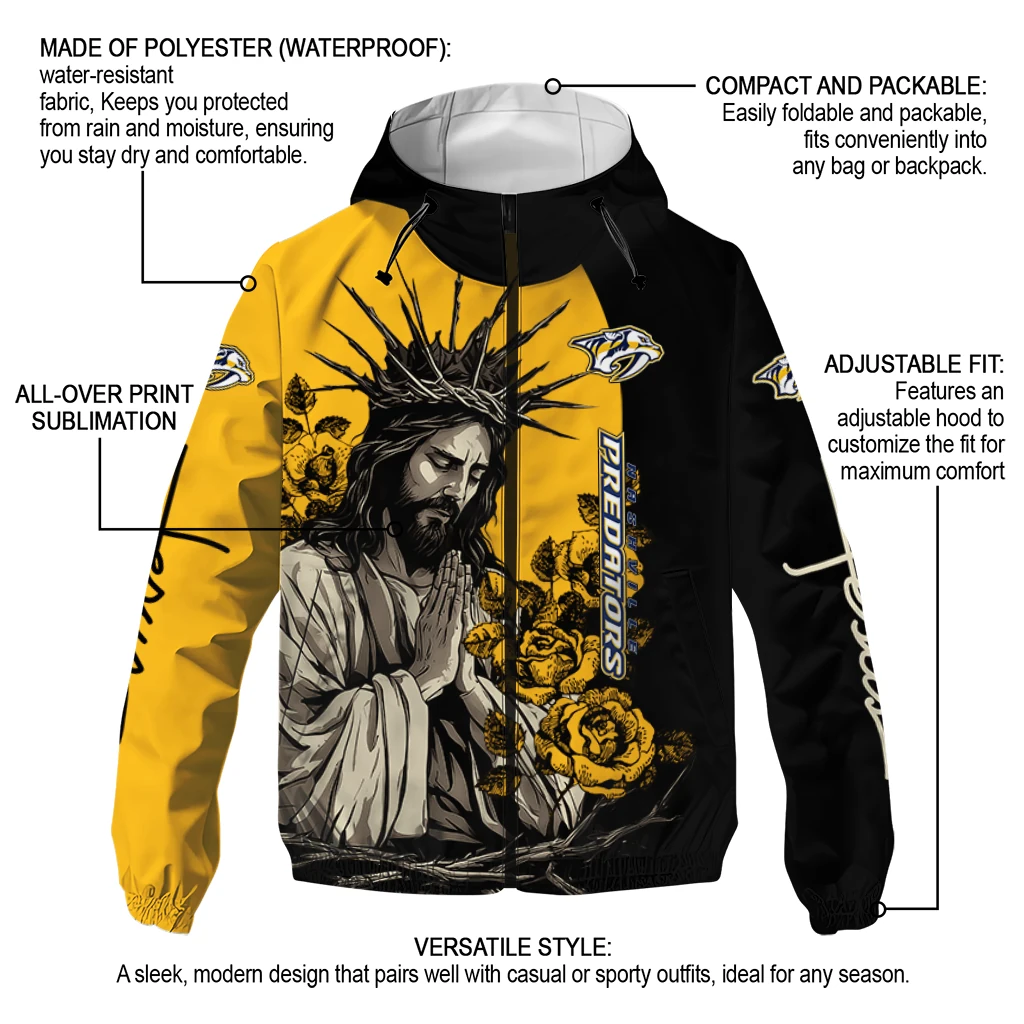 nashville predators jesus roses gold black windbreaker jacket new arrival nashville predators jesus roses gold black windbreaker jacket new arrival