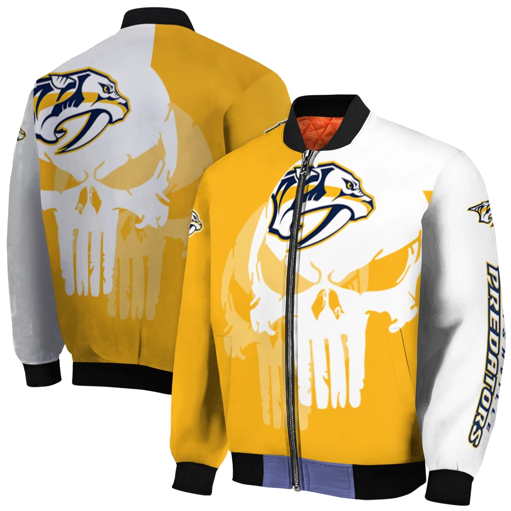 nashville predators skull outline gold white bomber jacket best selling nashville predators skull outline gold white bomber jacket best selling