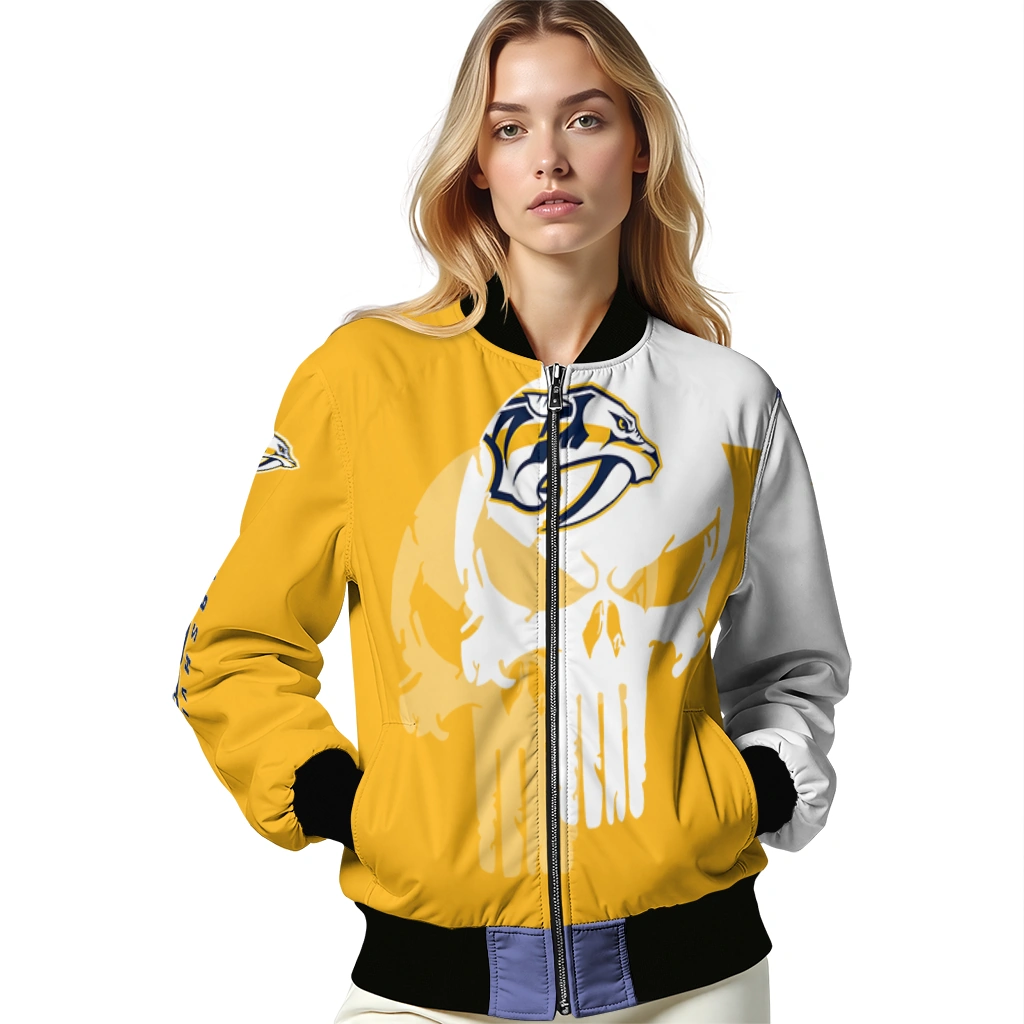 nashville predators skull outline gold white bomber jacket latest model nashville predators skull outline gold white bomber jacket latest model