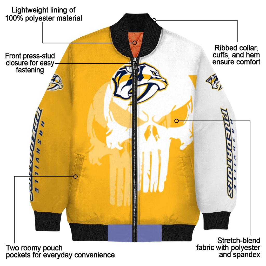 nashville predators skull outline gold white bomber jacket new arrival nashville predators skull outline gold white bomber jacket new arrival