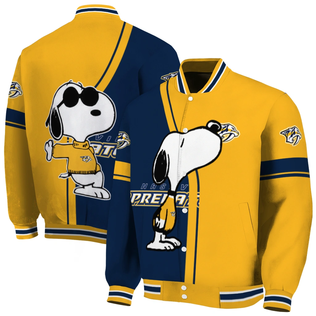 nashville predators snoopy attitude gold varsity jacket fashion forward nashville predators snoopy attitude gold varsity jacket fashion forward