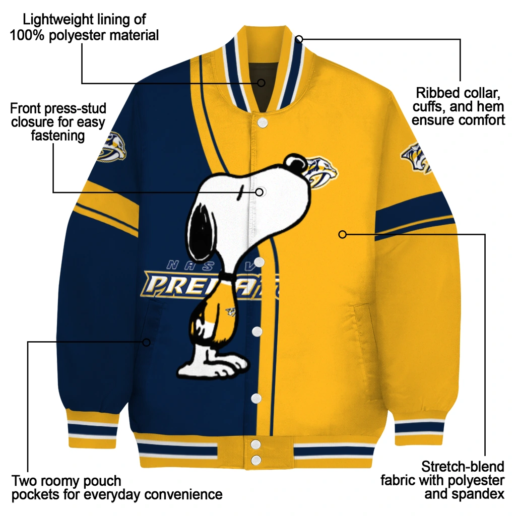 nashville predators snoopy attitude gold varsity jacket new arrival nashville predators snoopy attitude gold varsity jacket new arrival