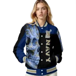 navy midshipmen fire skull blue black varsity jacket best selling