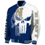 navy midshipmen skull outline blue white varsity jacket best selling