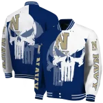 navy midshipmen skull outline blue white varsity jacket best selling