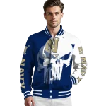 navy midshipmen skull outline blue white varsity jacket best selling