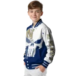 navy midshipmen skull outline blue white varsity jacket best selling